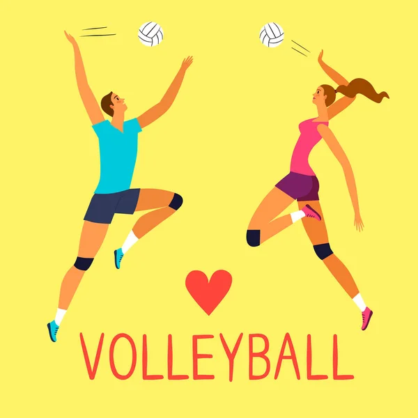 Man en vrouw volleybal spelers en liefde volleybal titel. — Stockvector