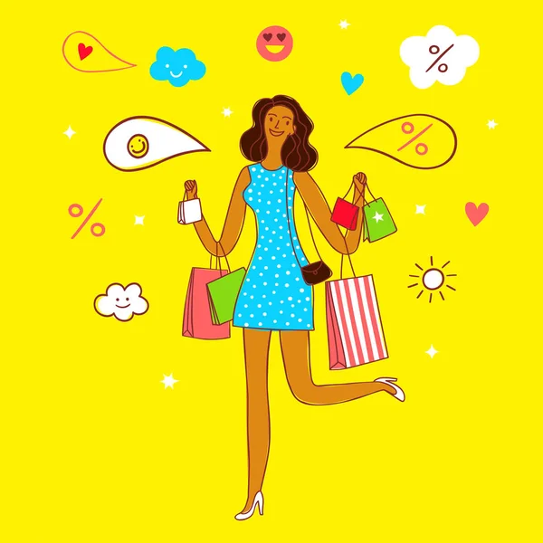 Ilustração da venda com a mulher feliz que prende sacos de compras . — Vetor de Stock