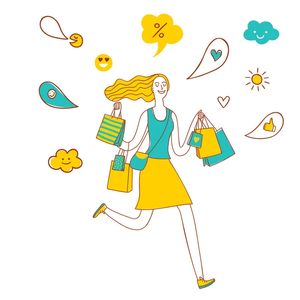 Sale illustration with happy woman running with shopping bags. — Stock Vector