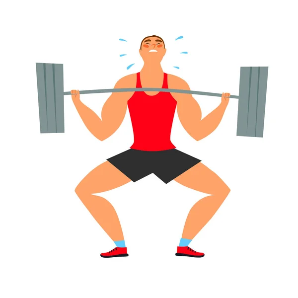 Strong man with heavy barbell struggle doing exercise. — Stock Vector