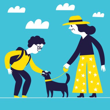 Sokakta köpek ile Karikatür okul çocuğu ve büyükanne.