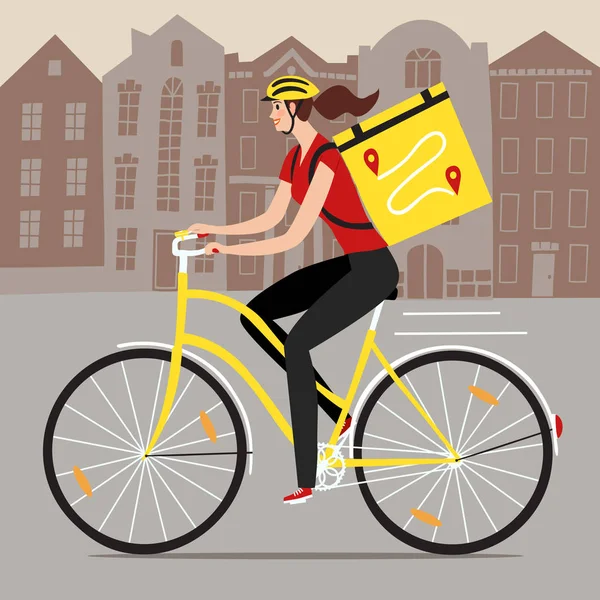 Zustellerin auf Fahrrad mit Speckpackung mit Stadtbild — Stockvektor