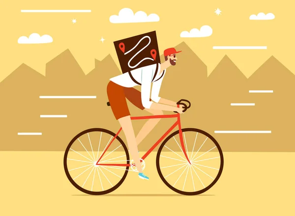 Entrega hombre montar en una bicicleta con bacpack con un paisaje urbano b — Vector de stock