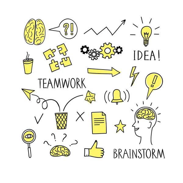 Ideen, Brainstorming und Teamwork Doodle Symbole große Menge. — Stockvektor