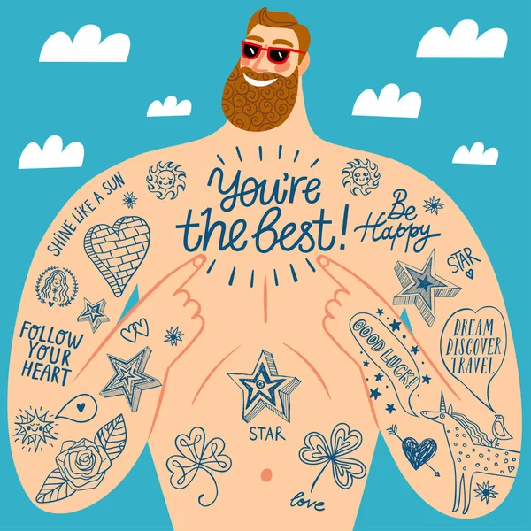 Nagy ember tetovált mellkasi üdvözletek és Doodle rajzok. — Stock Vector
