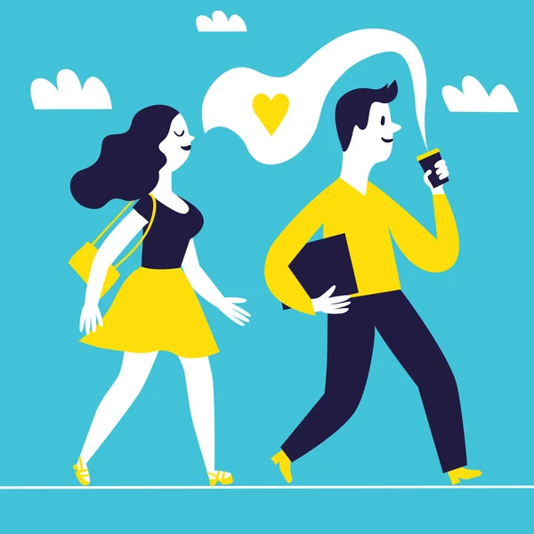 L'uomo che cammina con il caffè e la ragazza sente odore di caffè dietro di lui . — Vettoriale Stock