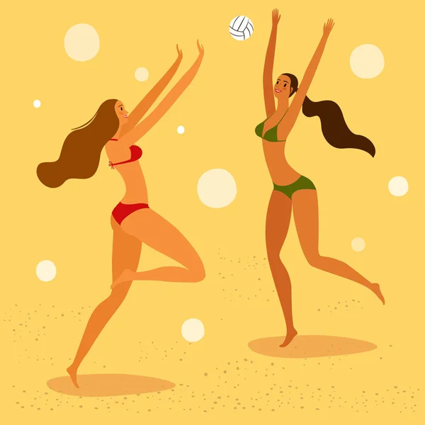 Красивые женщины играют в волейбол на солнечном пляже . — стоковый вектор