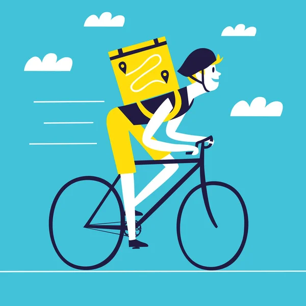 Κινούμενο σχέδιο ποδηλάτης με ένα τετράγωνο σακίδιο — Διανυσματικό Αρχείο