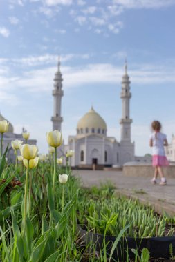 Beyaz cami ve kız odak noktası dışında. Ön planda sarı lale