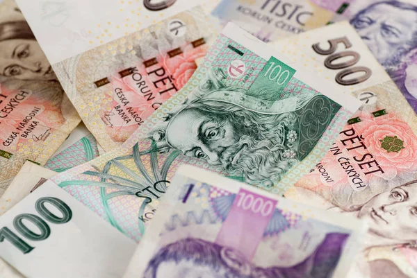 许多不同的捷克克朗货币票据银行金融概念照片 — 图库照片