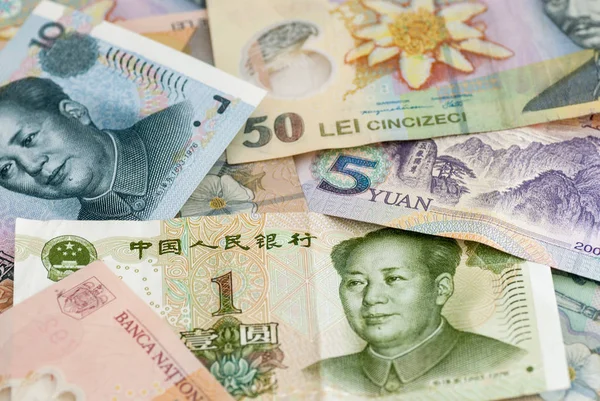 Румынская Валюта Лея Китайский Юань Юань Банкноты Глобальный Торговый Обмен — стоковое фото