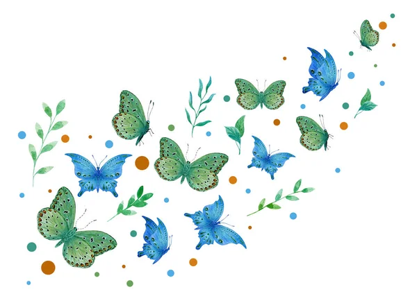 Watercolor banner blue and green butterflies with patterns fly on a white background. — Stock Photo, Image