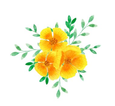 Suluboya sarı buket, yaz çiçekleri, beyaz arka planda vignette.