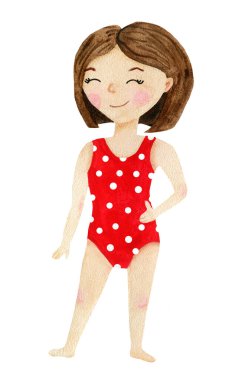 Parlak, kırmızı mayo giymiş esmer bir kız ayakta duruyor..