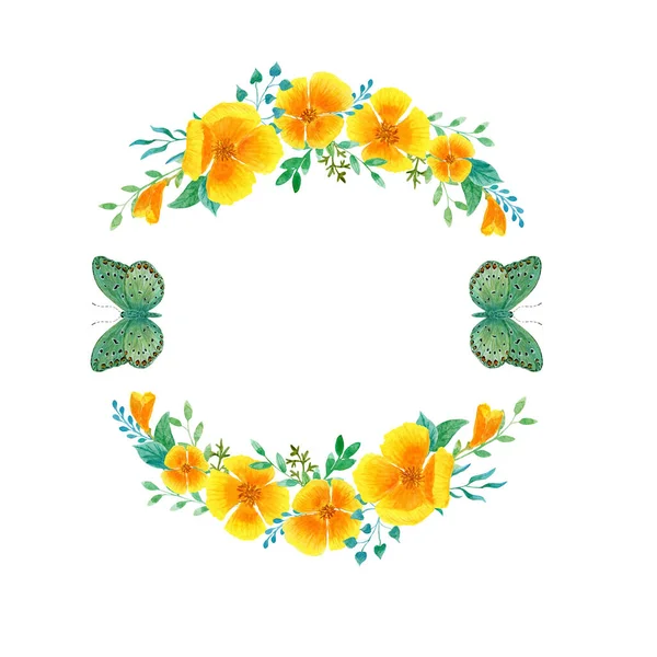 Moldura amarela aquarela, flores de verão e borboletas verdes, grinalda em um fundo branco . — Fotografia de Stock