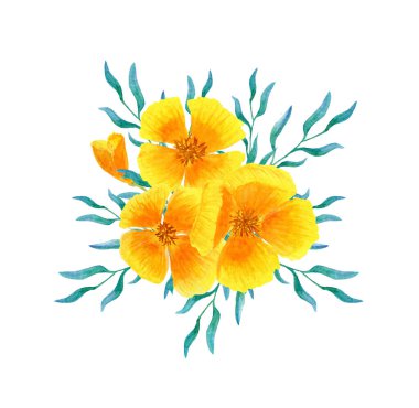 Suluboya sarı buket, yaz çiçekleri, beyaz arka planda vignette.