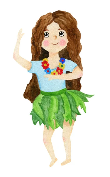 Дівчинка, брюнетка в спідниці пальм, танцює гавайський танець з квітами.. — стокове фото