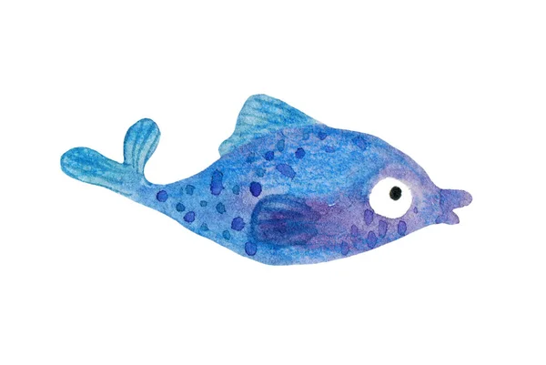 可爱的蓝海鱼。儿童水彩画. — 图库照片