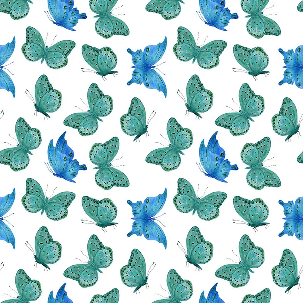 Υδατογραφία αδιάλειπτη μοτίβο του μπλε και πράσινο πεταλούδες με σχέδια πετούν σε λευκό φόντο. — Φωτογραφία Αρχείου