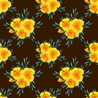 Çiçek elementlerinin dikişsiz suluboya deseni kahverengi arka planda yeşil yapraklı sarı bitkiler.