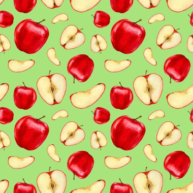 Kusursuz desen, kırmızı, sulu elmalar, bir bütün ve bir kesik içinde..