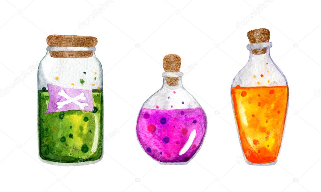 Colored, cartoon jars of potions and poisons for Halloween.