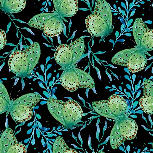 Υδατογραφία αδιάλειπτη μοτίβο των κλαδιών και πράσινες πεταλούδες σε μαύρο φόντο. — Φωτογραφία Αρχείου