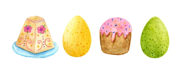 Easter set with Easter cakes and painted eggs in watercolor. — Stock Photo, Image
