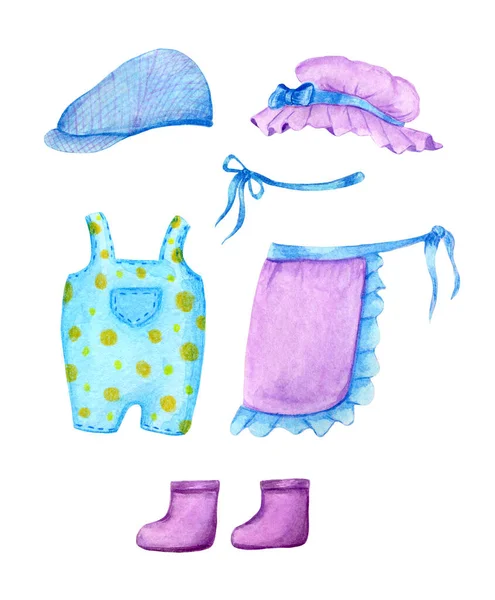 Clipart pakaian taman dalam cat air dalam warna ungu dan biru. Stok Foto