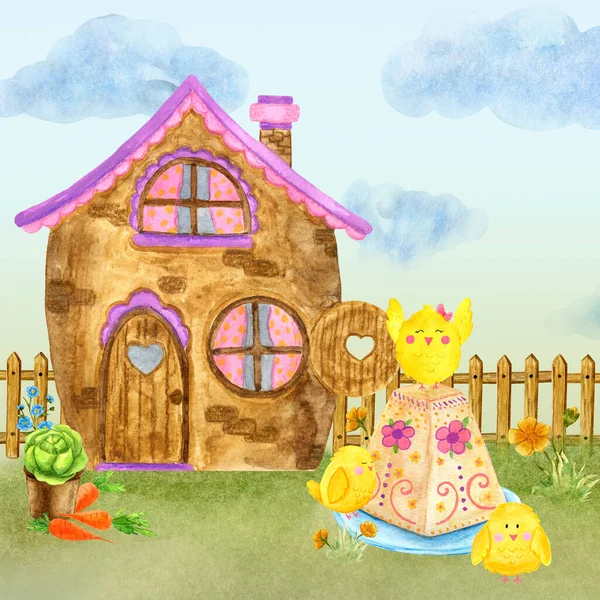 Cartão de Páscoa com ovos coloridos e bolo de Páscoa no fundo da casa. — Fotografia de Stock