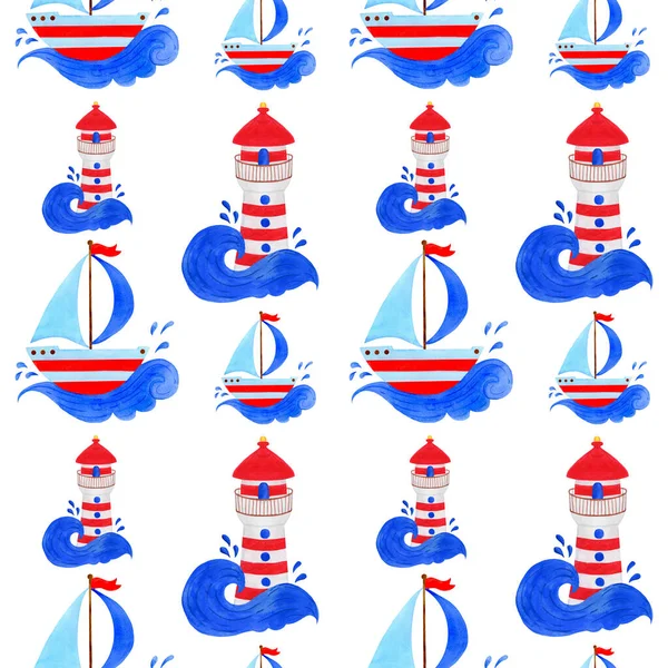 Απρόσκοπτη μοτίβο μπλε και κόκκινο γιοτ με πανιά, επιπλέει στα κύματα και ένα φάρο. — Φωτογραφία Αρχείου