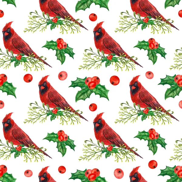Seamless christmas pattern red cardinal with holly and cerebus lights. 