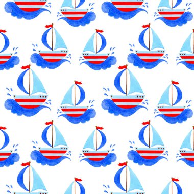 Kusursuz desenli mavi ve kırmızı yatlı, dalgalar üzerinde yüzen. 