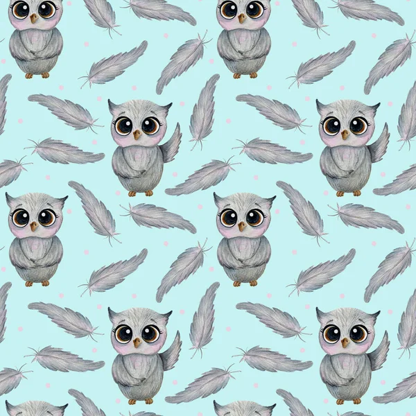 Seamless watercolor pattern gray owl and feathers on a blue background. — Stock Photo, Image