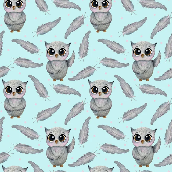 Seamless watercolor pattern gray owl and feathers on a blue background.