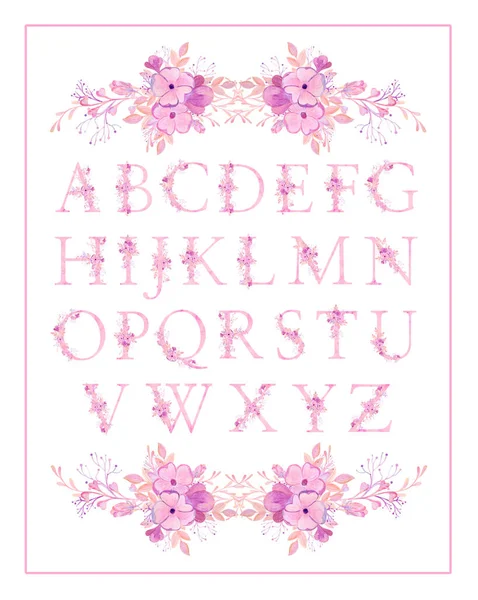 Aquarela rosa, alfabeto lilás com galhos e flores. — Fotografia de Stock