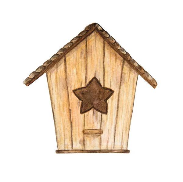 Clipart brązowy, drewniany domek dla ptaków z wejściem dla gwiazd. — Zdjęcie stockowe