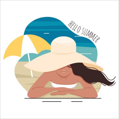 Güzel şapkalı kız sahilde güneşlenin. Tatilde bir güneş banyosu alarak güzel kız ile Düz stil illüstrasyon