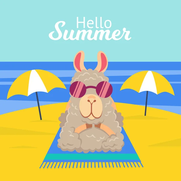 Vector Illustration Funny Alpaca Llama Sunglasses Sunbathing Summer Vacation — Stock Vector