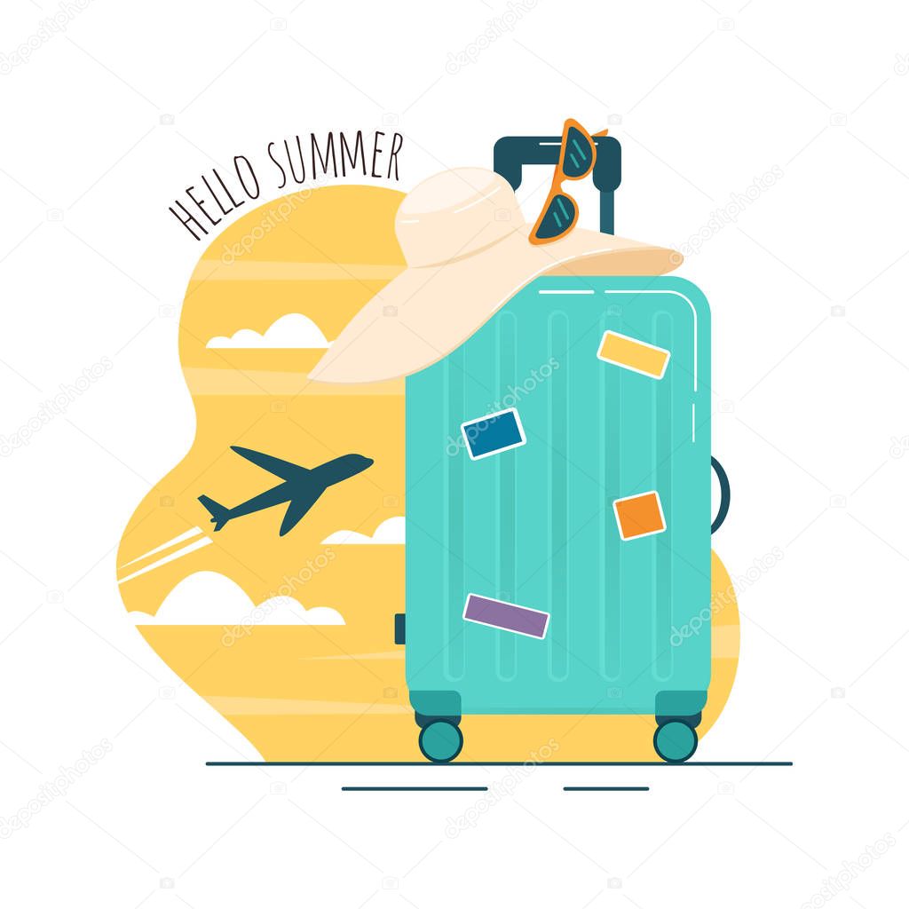 Summer vacation poster design for travel with a suitcase, sun glasses, a hat, a plane takes off in the sky, an airport. Hello summer banner vector.