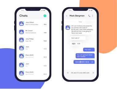 Mobil UI Ux tasarım konsepti. Trendy sohbet etmek uygulama ile diyalog penceresi. Sohbet kutusu. SMS haberci kullanma. Vektör Eps 10