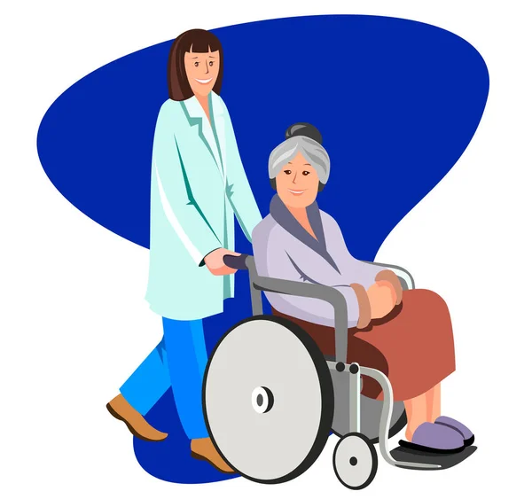 女护士帮助照顾老年妇女。在白色上隔离的矢量平面插图. — 图库矢量图片