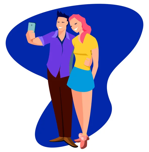 Νέοι χαριτωμένο χαρούμενο ζευγάρι στην αγάπη παίρνει selfie σε επίπεδη στυλ. Δροσερό επίπεδη χαρακτήρα στέκεται ζευγάρι ποζάρει μαζί πλήρες μήκος λαμβάνοντας φωτογραφίες με το κινητό έξυπνο τηλέφωνο Διανυσματικά Γραφικά