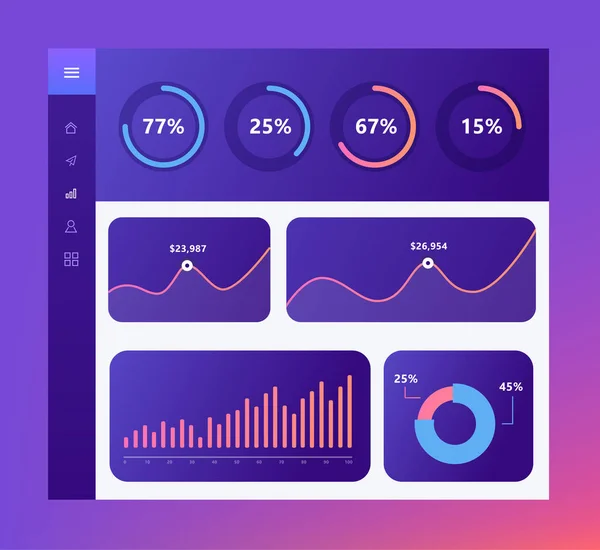 Infografik-Dashboard-Vorlage mit flachen Designdiagrammen und Diagrammen, Ladeobjekten, Diagrammkuchen. Elemente der Informationsgrafik. — Stockvektor