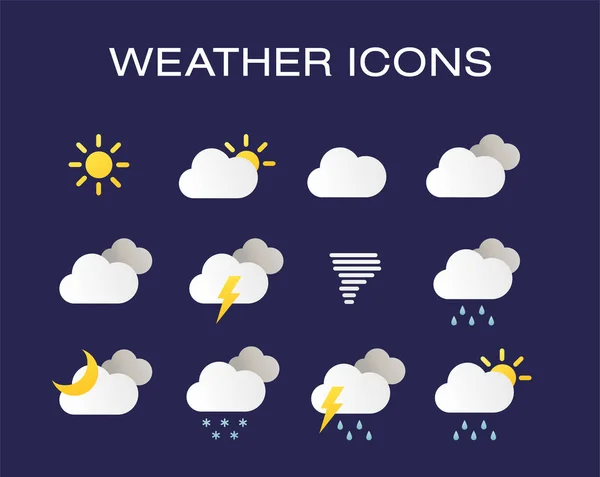 Conjunto completo de iconos meteorológicos realistas modernos. Conjunto de iconos meteorológicos modernos. Vector plano símbolos sobre fondo oscuro . — Vector de stock