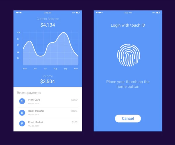 带有指纹图标和图形界面的 Id 应用程序。指纹矢量图标。记录指纹, 保护, 个人数据, 登录帐户。Mjney 平衡屏 — 图库矢量图片