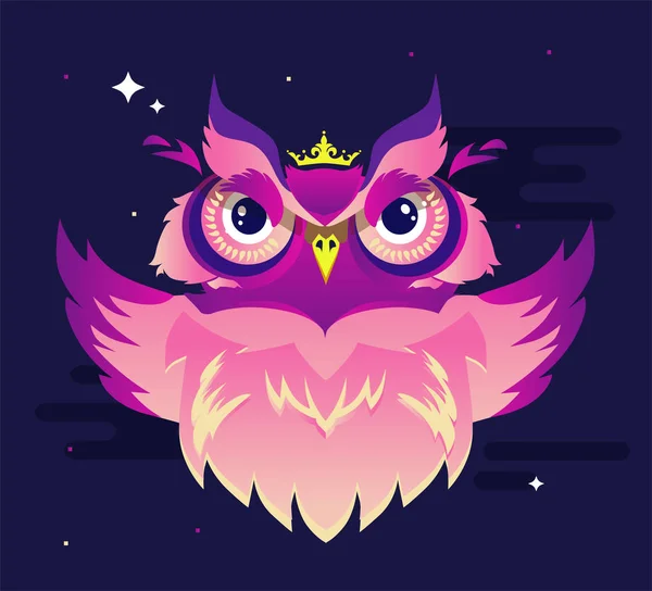 紫色の背景に鮮やかな色で装飾的なベクトルのフクロウ。鳥の図 — ストックベクタ