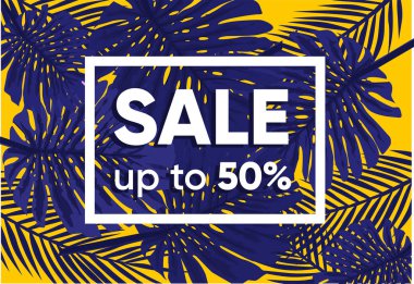 Yaz satış afiş ile egzotik orman tesisi tropikal egzotik palmiye mor zemin üzerine bırakır. İndirim tasarım arka plan orman ile palmiye yaprakları. Doğa duvar kağıdı.