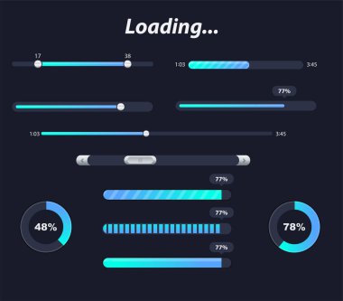Farklı arayüzü yükleyici koyu renklerde. Vektör öğeleri ve sembollerin koleksiyonu. Şeffaf Preloaders. Hareket yükleyici