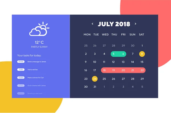 Fertig Tagesplaner und Kalender-App ui ux design. ui, ux und gui Template-Layout für mobile Apps. Kalender-Widget — Stockvektor